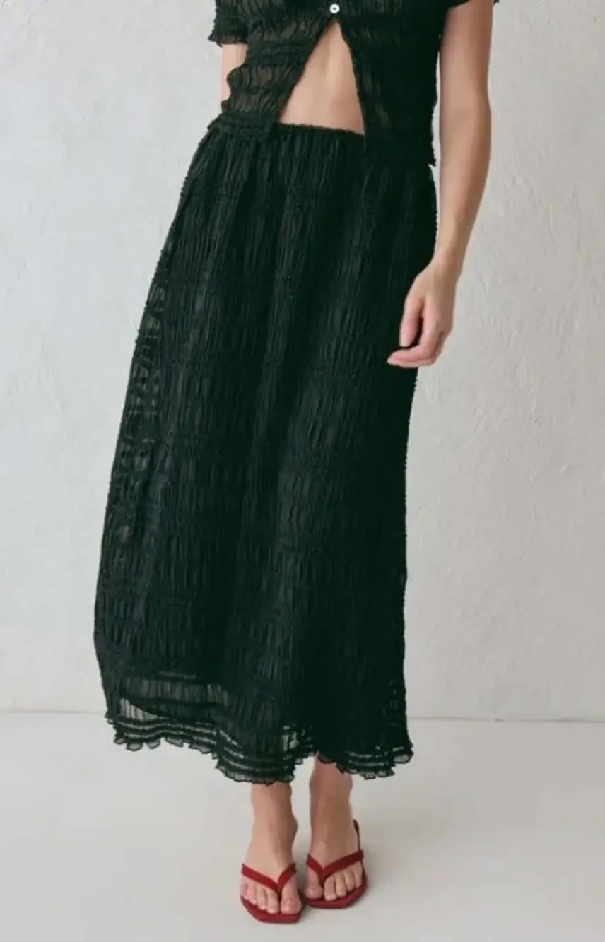 VRG GRL Mia Top & Midi Skirt, Shirred Plisse Elastic Waist Black Size 8 Lined